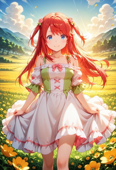 1girl, solo, masterpiece, best quality, newest, absurdres, CG, anime, source anime, illustration, very aesthetic, high resolution, ultra-detailed, newest, scenery, medium depth of field, rule of thirds, masterpiece-level, clean lines, sharp, focused subject, <lora:Theresia_van_Astrea_r1:1>
BREAK 1girl, solo, Theresia_van_Astrea, t_theresia, hair ornament, blue eyes,long hair, red hair,flower, hair flower,two side up,
white dress, dress
dynamic pose, standing, happy, smiling, blushing, joyful
outdoors, meadow, flowering wildflowers, poppies, cornflowers, day ,sunny
cinematic angle, various angles, detailed background, beautiful background, (rays light:1.0),(grow:1.0), light particles
