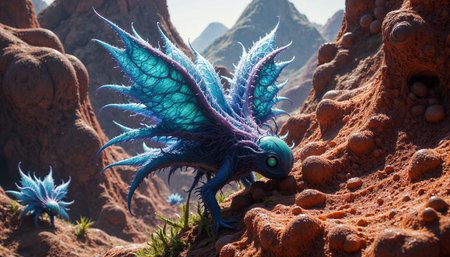 {"T5": "alienplants,A hyperrealistic, highly detailed photograph in 16:9 landscape format of a wing-like aerial hunter camouflaged among bizarre alien plants in a rocky mountain debris field, with the hunter's body blending into the surroundings through an optical illusion, creating a surreal, gravity-defying scene viewed from a low angle, with the camera positioned on the ground looking up, capturing the intricate textures of the alien plants, the hunter's skin, and the rocky terrain, with the composition following the rule of thirds, and the lighting emphasizing the textures and creating deep shadows.,", "CLIP-L": "alienplants,hyperrealistic, highly detailed, 16:9 landscape format, wing-like aerial hunter, optical illusion camouflage, bizarre alien plants, rocky mountain debris, surreal, gravity-defying, low-angle view, intricate textures, deep shadows, rule of thirds composition,"}
<lora:alienplants-000015:0.85>