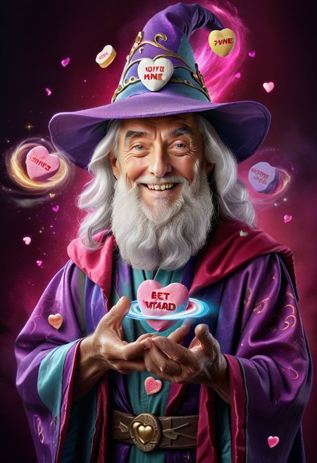 digital artwork, HDR, 8K, high contrast, masterpiece, best quality, amazing quality, very aesthetic, superabsurd res, high resolution, beautiful detailed eyes, detailed figure, volumetric lighting, dappled light, light particles, dramatic shadows, cinematic lighting, depth of field,ultra-detailed, absurdres, newest, impressive artwork, A wizard wearing pastel robes, holding black hole, holding swirling vortex of candy hearts, black hole made from candy hearts, magic, old man, old wizard, bearded wizard, merlin, smiling, eccentric candy maker, "Be Mine" text