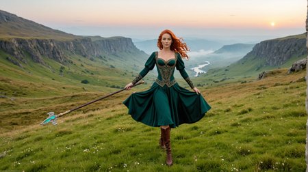 cinematic photo of Marie_Onette, dynamic pose, outdoor Scottish highlands, vivid sunset hues, fantasy setting. A striking redhead woman, (distinctly Scottish), wearing an elaborate elven inspired gown is a fusion of deep emerald green and earthy browns, with intricate Celtic knotwork embroidery in gold thread, Flowing sleeves, a fitted bodice+, short skirt, fiery red hair is styled in a cascade of loose curls, green eye, stands atop a grassy knoll, overlooking a misty loch. In her hands, she holds an ancient, rune carved staff, emanating a soft, other worldly glow.,  ooh_me_likey-xl