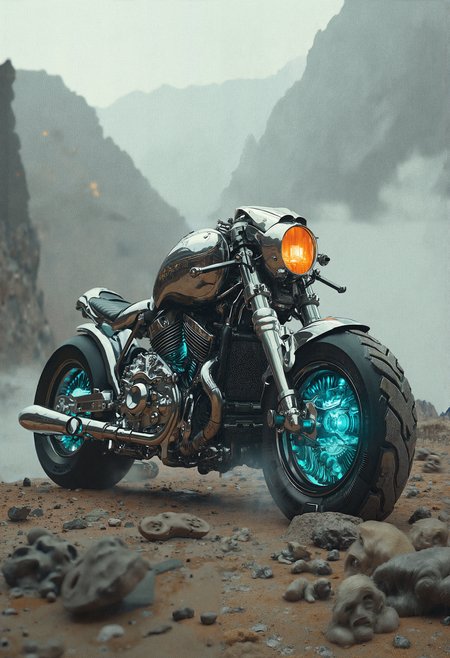 In the midst of a desolate, post-apocalyptic mountainscape, a behemoth of a motorcycle stands vigilant, its chrome body glistening like a predator's armor. The low-angle shot amplifies its imposing presence, as if it's ready to pounce into action at a moment's notice. The dense fog swirling around it adds an air of mystery, shrouding the surrounding landscape in an impenetrable veil.
The bike's sleek, futuristic design is a marvel of technological wizardry, with every curve and contour meticulously crafted to evoke a sense of power and sophistication. The small orange transparent front glass window glows like a beacon, casting an otherworldly light on the surrounding fog. The translucent fuel tank, filled with a vibrant, electric blue gasoline, seems to pulse with energy, as if the bike is alive and waiting to unleash its fury upon the world.
The shallow depth of field draws the viewer's gaze towards the intricate machinery, inviting them to explore every nook and cranny of this technological masterpiece. The chrome pipes and metallic accents seem to shimmer in the faint, cinematic light, imbuing the image with a sense of drama and tension.
In the background, the blurred, fog-shrouded mountains loom like sentinels, their rugged peaks a testament to a world on the cusp of transformation. The atmosphere is heavy with anticipation, as if the bike is waiting for its rider to return, ready to unleash its fury upon a world in chaos.
This image is a testament to the power of cinematic photography, capturing the essence of a movie mood in a single, striking frame. It tells a story of power, technology, and the unyielding human spirit, inviting the viewer to step into a world of high-octane action and adventure.