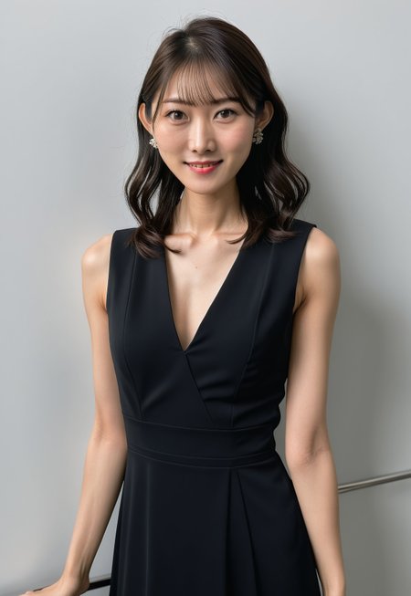 woman, portrait, black cocktail dress, , deep v-neck, asian, Fujifilm XT3,  RAW photo, 8k uhd, dslr, film grain, upper body photo