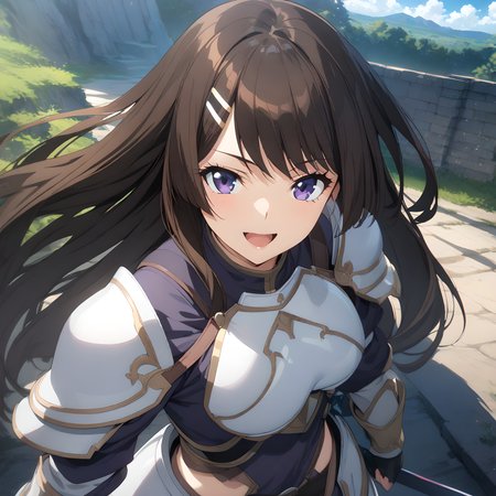 (masterpiece),(best quality),(ultra-detailed),(best illustration),(best shadow),(absurdres),(detailed background),(very aesthetic),otonashi_hibiki, 1girl, brown hair, solo, hair ornament, long hair, hairclip, smile, open mouth, sky, cloud, purple eyes, armor, weapon, looking at viewer, sword <lora:XL-OtonashiHibiki:1>