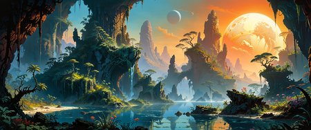 famous artwork in the style of (roger dean:1.4), scifi concept art, (dramatic scenery:1.4), highly aesthetic, towering biomorphic rock formations with surreal organic features, ethereal (floating islands seemingly defy gravity and are connected by thick vines:1.2), lush jungle vegetation, exotic bioluminescent vegetation, cascading waterfalls, a cover of (enigmatic haze wafting over the water:1.1), the sky is dominated by multiple moons, dark corners, intricate details, ultra detailed, 8k, uhd, <lora:midjourney_mimic-xl-by_andrexsel:0.2> <lora:more_artful-xl:0.2> <lora:lyco-style-envydramaticlightingxl01_digital_art-xl:0.48> <lora:envybetterhiresfixxl01-xl:0.0:hr=1.0>