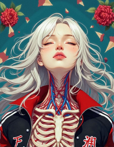 A hyper-detailed and beautifully surreal anime-style artwork of a young woman with flowing silver-white hair, her face adorned with a blissful smile as if lost in a euphoric trance. Her exposed neck and chest reveal a mesmerizing biomechanical fusion of exposed rib bones, intertwined with intricate red and blue musculature, creating a perfect balance between organic beauty and grotesque surrealism. The torn skin along her collarbone peels away like delicate porcelain, revealing intricate anatomical layers beneath, while tiny floating shards of broken skin hover around her in a weightless suspension, adding a sense of ethereal fragility. She wears an oversized, stylish varsity jacket in black and red, adorned with complex Japanese kanji patterns, its high-fashion streetwear aesthetic blending seamlessly with the haunting elegance of her exposed internal anatomy. The bold use of color contrasts the soft hues of her skin with the rich reds and blues of her inner structure, against a deep teal background that enhances the dramatic lighting and intricate details. The overall composition embodies a surreal blend of beauty and horror, rendered in an ultra-high-definition anime illustration style with breathtaking realism and fine painterly textures, making it an unforgettable fusion of futuristic elegance and visceral macabre artistry.
 <lora:FluxDFaeTasticDetails:0.3> <lora:Dreamy_Korean_Style_Illustration_FLUX_LoRA:0.5> <lora:realism_lora_comfy_flux_converted:0.5>