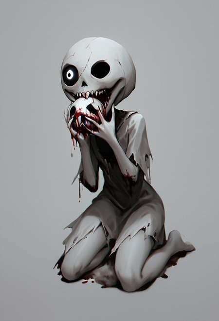 score_9, score_8_up, score_7_up, kneeling, petite body, Monochromatic, White and black,  1girl, 1bird, bird clawing girl eyes out, bird eating eyeball, Ink drawing, Exposed skull, eyeball in mouth, gory, blood, bird pecking girl eye, headless corpse, eating eyeball, hands in mouth, eating hands, legs in mouth, eating legs