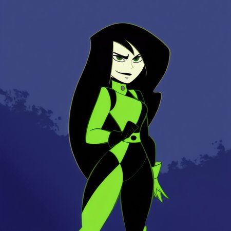 masterpiece, best quality, outdoors, night, dark, looking at viewer, closed mouth, 1girl, solo, shmeikgo, black hair, long hair, green eyes, gloves, bodysuit, lipstick, smug, smile, looking at viewer, kmstyle,  <lora:Kim_Possible_Style_6c_Illustrious_aon:1>