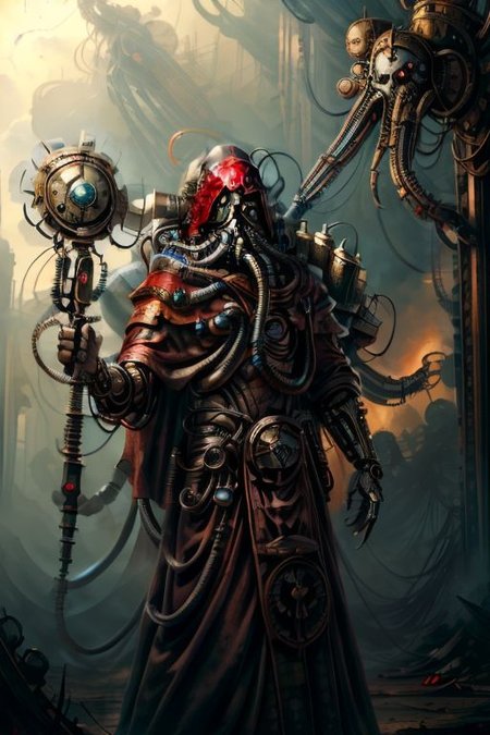 ((masterpiece,best quality)), absurdres, BREAK
mechanical arms, robes, hood, BREAK
((techpriest)), cyborg, mechanical face, mechanical limbs, gas mask, mechanical tentacles, (mechanical backpack), blue cloak, BREAK
1other, solo, holding gun, weapon, gun, firearm, BREAK
(MahabharataPunkAI),