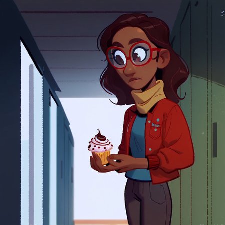 score_9, score_8_up, score_7_up, score_6_up, 
1girl, solo, SCHOOL HALLWAY, lockers, holding a cupcake,
glasses with dark-red frames, yellow scarf, red jacket, striped-blue shirt, dark-grey pants, brown shoes