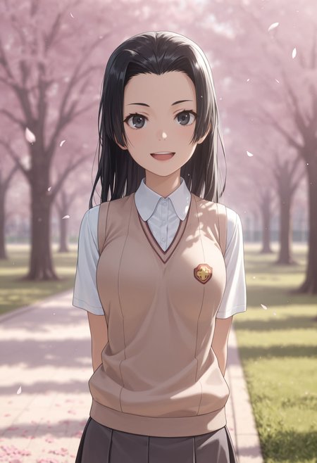 masterpiece,best quality,absurdres,highres,very aesthetic,high quality,detailed,insanely detailed,beautiful,perfect lighting, ,depth of field,blurry background,bokeh, looking at viewer, 
very aesthetic, , very awa , arms on back,
 standing, cowboy shot, park, smile, open mouth, petals,, <lora:Kongou Mitsuko illu:1> 1girl, long hair, black hair, black eyes, tokiwadai school uniform, summer uniform, brown sweater vest, pleated skirt, white shirt, collared shirt,  short sleeves, miniskirt, grey skirt,
