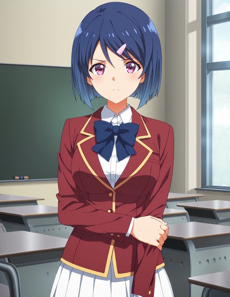 masterpiece,best quality,classroom,standing,looking at viewer,hand on arm,, <lora:snhr3:1>
snzk,solo,(blue hair:0.6),short hair,(tareme:0.7),(v-shaped eyebrows:0.3),anime coloring,
red jacket,white shirt,blue bowtie,white skirt,pleated skirt,