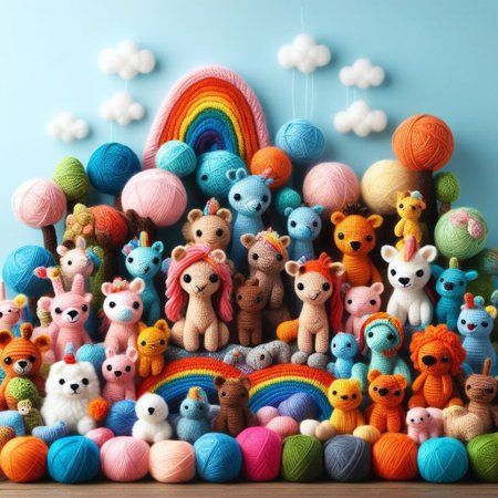 score_9, score_8_up, score_7_up, Yarnworld, rainbow colors, chibi animals, made of yarn, cute design, 
colorful detailed background,
