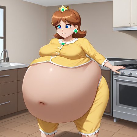 1girl, Princess Daisy, Pajamas, giant waist, , Giant Belly, Kitchen