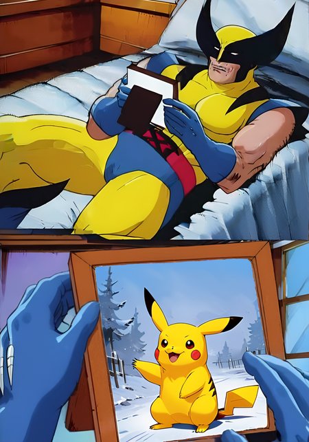 Wolverine holding a picture frame of Pikachu, split panels, <lora:wolvmemesdxl:0.8>, wolvmemesdxl, cartoon, best quality, comic panel