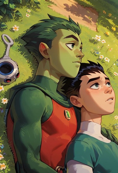 score_9, score_8_up, score_7_up, BRAKE green hair, green skin, beastboy, beast boy, BRAKE (black hair:1.2), mask, 
pale skin, human, robin, BRAKE teen titans, in a field, 2 boys laying together next to each other, looking into each others eyes, view from above, (close up:0.6), romantic,