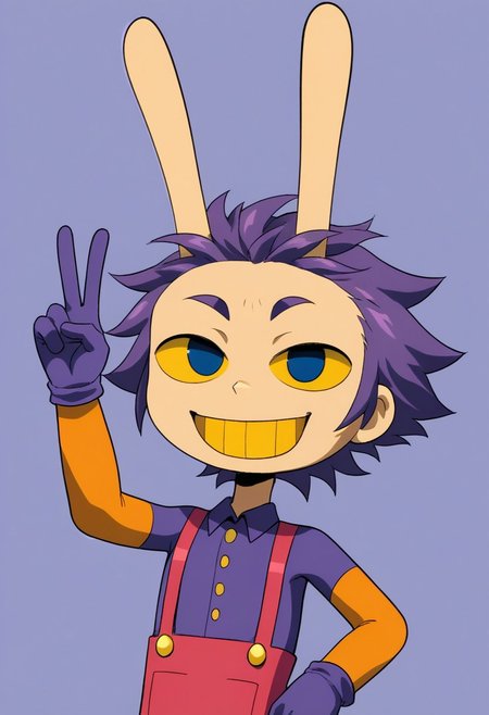 rating_safe, source_cartoon JaxTADC, solo, gloves, 1boy, animal ears, v, upper body, portrait, toes, animal ears, rabbit ears, suspenders, chibi:1.9, male focus, human:1.9, purple hair, hot purple blazer, pants, hot indigo gloves, yellow sclera, colored sclera, Hot Blue eyes, yellow teeth, rabbit feet, Hot purple cornea, forehead, stream