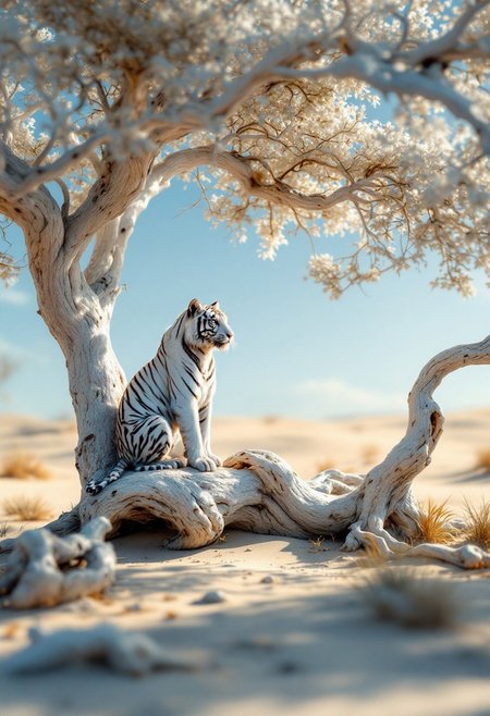 3d space, white trees, transparency and layered, white tiger sits on a gnarled tree at sands desert, realism, intricate details, hyper-detailed, colorful, macro, chiaroscuro lighting, cinematic photoshoot, close-up