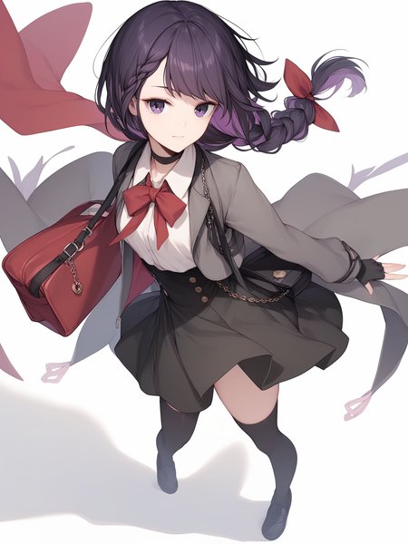 (score_9,score_8_up,score_7_up,),1girl,miki zf,fingerless gloves,thighhighs,black hair,purple eyes,simple background,white background,red bow,shirt,shoes,black choker,looking at viewer,long hair,braid,jacket,high-waist skirt,hair ribbon,arms at sides,purple hair,shoulder bag,colored inner hair,loafers,<lora:MIK1zf:0.9>,wind,reaching,
