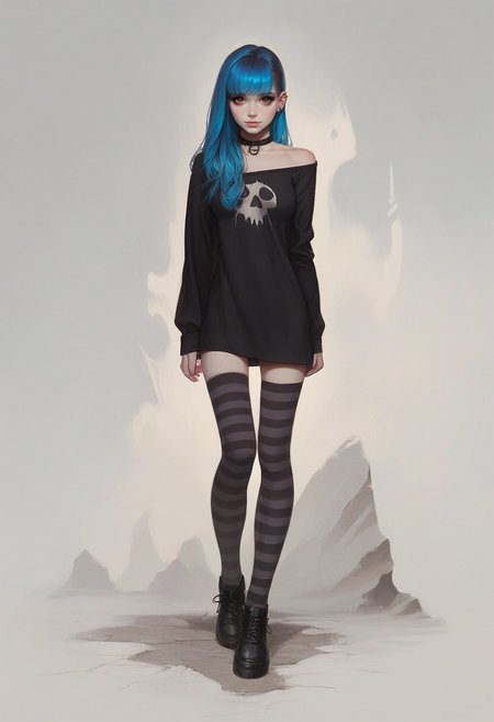 score_9, score_8_up, score_7_up, 1girl, 18yo, girl, emo, summer dress, dynamic pose, sweatshirt, mid thigh dress, choker ribbon, checkered and striped clothes, stockings, waist silver chain, black and (pink:0.75) makeup, eyeliner, gumshoes, look at viewer. outdoor, urban background, cowboy shot, shadows, sunny day, busy city. long side bangs, pale skin, (hazel:0.6) eyes, two tone grey and blue hair, hairstyle wolf cut, skinny, thin hands, petite body, upturned nose, sharp nose, shy smile, narrow shoulders, narrow wais, medium breasts, round butt outline, breasts outline,wide hips, pear body shape, detailed face, cute face, pretty eyes, perfect eyes, detailed eyes, semi-realistic, photorealistic face, urban background
