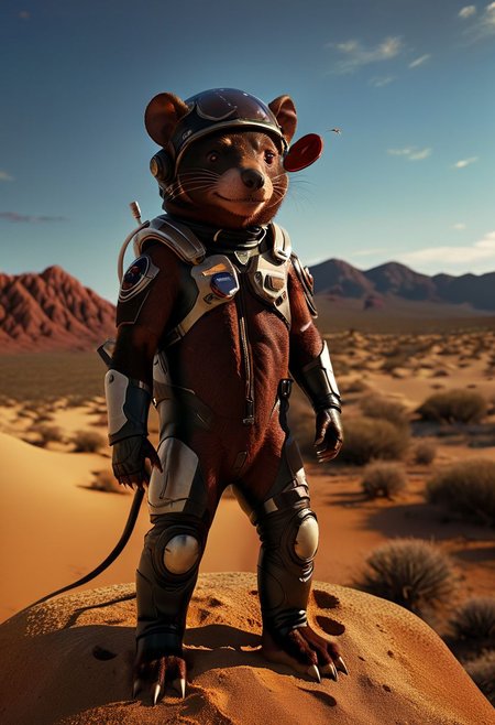 A Tasmanian devil dressed in a full astronaut suit, complete with a helmet and visor, standing confidently on a pointed rock in a vast desert landscape. The background features rolling sand dunes under a clear blue sky. The scene is illuminated with cinematic lighting, highlighting the textures of the astronaut suit and the Tasmanian devils fur, casting dramatic shadows and creating a sense of depth. The overall atmosphere combines the surreal with the adventurous, evoking a sense of exploration and wonder, photo, realistic, high resolution, cinematic lighting , zavy-cnmtc, retro, cyberpunk, fashion, style