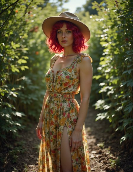 a muscular woman,Wavy French Bob Vibes from 1920â,colored inner hair,dressed in a high-low dress with a bold floral print and a wide-brimmed hat,in a labyrinth of illusions,(masterpiece best quality ultra-detailed best shadow amazing realistic picture),Nikon d850,Reflected light,<lora:Pro-skin_epoch_4:1>