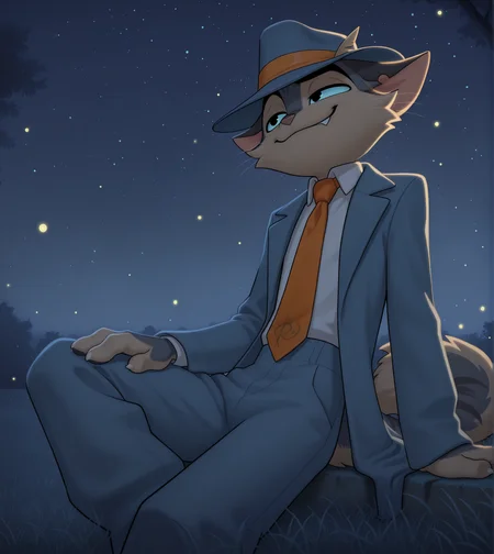 solo, anthro, furry, dark eyes, smile, blue coat, blue pants, white shirt, collared shirt, orange tie, blue headwear, night, dark, park, sitting, grass, starry sky, fireflies, pose, posing, pinup, dynamic angle, smug, 
BREAK masterpiece, best quality, amazing quality, very aesthetic, high resolution, ultra-detailed, absurd res, newest,     <lora:rockyld:1> rocky rickaby