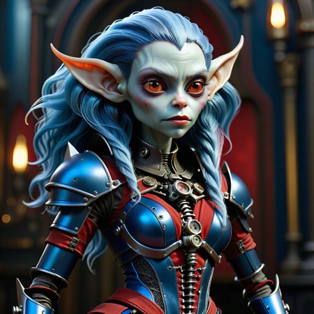 masterpiece, intricate photo of chritmas female mechanical alien android gremlin in knight armor, long blue hair, vampire clothing, nosferatu dress, cyberpunk style, steampunk style, gothic art, red blue dress, hyper realistic, highly detailed, sharp focus, best quality, 8K