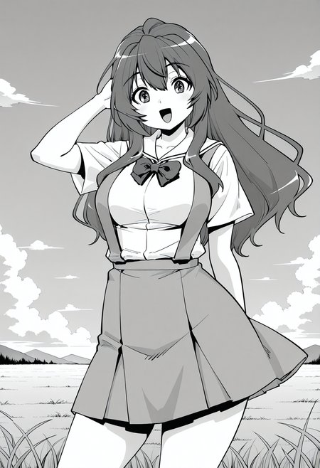 minami_chihiro, long hair, school uniform, bowtie, white shirt, short sleeves, suspender skirt, <lora:minami_chihiro_illustrious_ver1:0.8> 
smile, open mouth, monochrome, greyscale, 1girl, solo, (field:1.2), (sky:1.2), looking at viewer,, masterpiece, best quality, general,, (cowboy shot, dynamic pose:1.4),