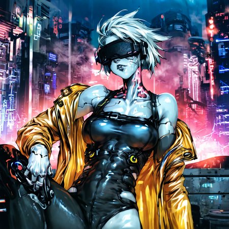 nahiri, short tomboy hair, clear raincoat, cyberpunk, wearing a vr headset, shiny skin, outside in a cyberpunk dystopian city at night in the poruing rain, illuminated by neon lights  <lora:masamune shirow_pony:1> solo, 1girl, cyborg,  <lora:NAHIRI:1>, 1girl, solo, short hair, breasts, bare shoulders, white hair, colored skin, white skin steamy body, lounging about, sensual poses, source_anime, score_9_up,  score_7_up, score_8_up