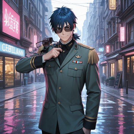 masterpiece, best quality, amazing quality, absurdres, newest, detailed background, definition so sharp, Ultra-HD, 8K cinematic, very awa, impressionate, amazing quality, highres, 
solo, male focus, manly, 
daikakukokujouji, 1boy, short hair, tied hair, low tied hair, lieutenant_pretime, lieutenant_blue hair, lieutenant_brown eyes, stylish outfit, sunglasses \(falling off\), posing, confident smirk, but off-balance, urban setting, vibrant colors, energetic, cool, clumsy, fashionable, charming