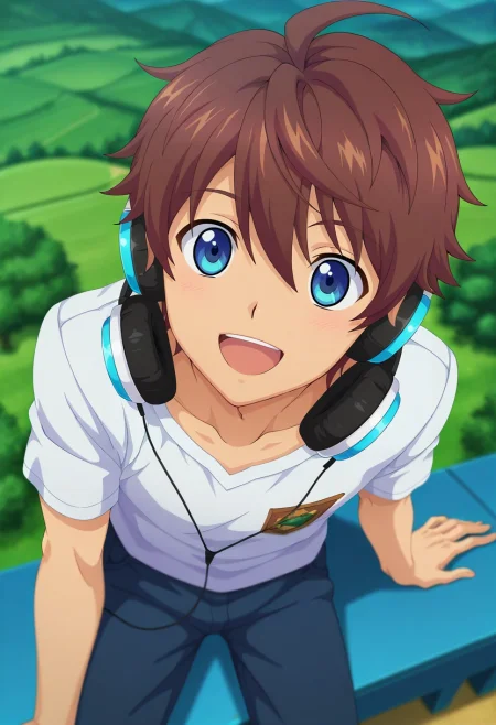 masterpiece, best quality, intricate details, anime screencap, anime coloring, official style, , depth of field, 1boy, solo, male focus, <lora:seto_aihara_ilxl:0.74>, seto_aihara, brown hair, blue eyes, short hair, ahoge, headphones, , from above, hill, greenery, dark, arm support, :D,