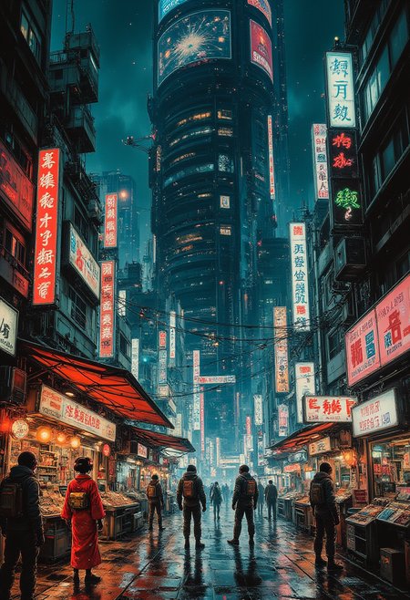 In the heart of Neo-Tokyo, a cyberpunk marketplace thrives beneath the towering shadow of a mega-corporate behemoth, its glowing neon signage casting eerie reflections on the wet, gritty streets below. The air is thick with the hum of advanced technology and the faint scent of ozone, as holographic vendors float above makeshift stalls, peddling digital wares that shimmer in the dim light. These ethereal displays are juxtaposed against the grimy, worn-out appearance of the market itself, evoking a sense of futuristic decay reminiscent of Masamune Shirow's Ghost in the Shell.  AI-enhanced street performers captivate the crowd with their mesmerizing displays. A lone geisha, her kimono adorned with neon circuit patterns, dances gracefully under a holographic cherry blossom tree, her movements echoing those of Shunya Yamashita's anime heroines. Meanwhile, a group of cybernetically enhanced musicians play haunting melodies on instruments that seem to defy the laws of physics, their performance channeling the futuristic spirit of Hiroshi Nagai's iconic artwork.  The marketplace is a labyrinth of interconnected stalls, each one illuminated by pulsating LED lights and adorned with glowing signs that advertise everything from advanced prosthetics to black market data chips. The atmosphere is electric, charged with the constant hum of conversation and transaction, as patrons haggle over prices in a blend of languages both organic and synthetic. Despite the high-tech trappings, there's an undeniable air of gritty authenticity that permeates every corner, drawing parallels to the vibrant street markets of present-day Asia.  The towering mega-corporate edifice looms over the scene like a monolithic sentinel, its surface adorned with massive screens that broadcast endless loops of corporate propaganda. The stark contrast between the opulence above and the squalor below serves as a poignant commentary on the social stratification of this futuristic world, evoking memories of Ridley Scott's dystopian masterpiece, Blade Runner.  This high-detail, high-quality masterpiece is a testament to the artist's vision, seamlessly blending the gritty realism of cyberpunk with the vibrant energy of space anime. The intricate composition and meticulous attention to detail invite the viewer to explore every corner of this futuristic bazaar, while the atmospheric lighting and dynamic poses imbue the scene with a palpable sense of life and motion., sp4c34n1m3