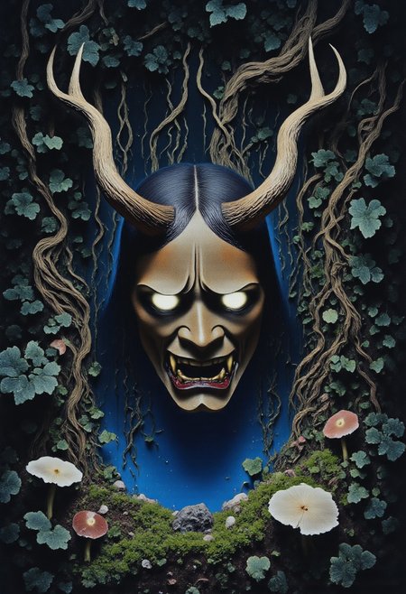 Satyr ArsMovieStill, movie still from a 1970s horror movie Studio Ghibli Dark Fairytale depicting a cursed hannya mask with horns and fangs in an eerie dark forest amidst twisting vines and mushrooms
