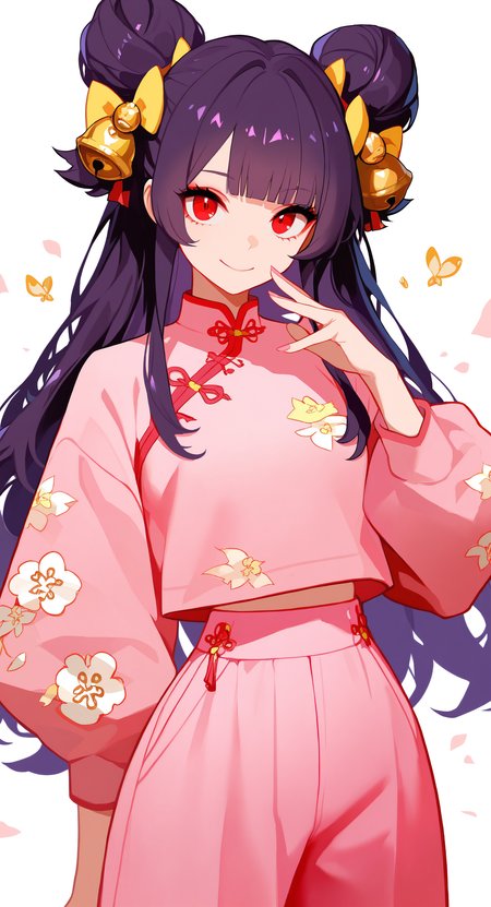 masterpiece, best quality, good quality, very awa,highres, very aesthetic, absurdres, newest,1girl, bell, bow, double bun, floral print, hair bell, hair bow, hair bun, hair ornament, long hair, nail polish, pants, pink nails, pink pants, pink shirt, purple hair, red eyes, shirt, sidelocks, smile, yellow bow, <lora:ponyv5_noobV065S_1_adamW-000013:0.7> <lora:USNR_STYLE_XL_lokr:0.45> <lora:HaradaTakehitoIXL_v3:0.45>