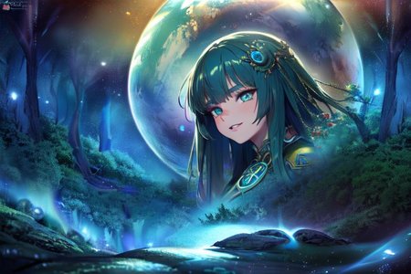 (masterpiece:1.4), 4K8K, (anime style), (high shutterspeed:1.4), (sharp edges), 
SyFyEye1, FanFo, 
1woman  hands togather,  leaning foward, face focus, smile, closed mouth, 
wearing Celtic style dress, (Detailed face, Detailed eyes, Detailed lips), (solo), 
Fantastic Forest at fantasy night, Fantastic Planets