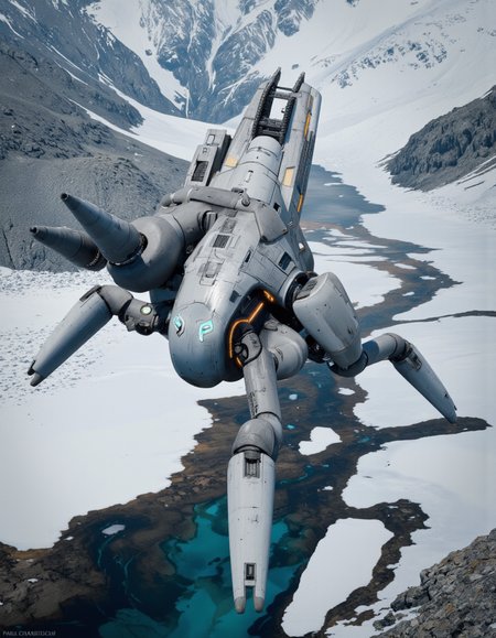 By Paul Chadeisson. A photo-realistic shoot from below about a futuristic, humanoid robot flying over a snowy mountain landscape with a river below. the image also shows a large, metallic, futuristic robot with a sleek, futuristic design, positioned in the middle of the image. the robot appears to be in mid-air, with its legs spread wide and its arms extended, as if it is about to take off. it has a metallic body with a combination of grey and white colors, and its eyes are glowing with blue and orange accents. its body is composed of multiple mechanical components, including a large gun mounted on its back, giving it a sleek and advanced look. the background features snow-covered mountains and a clear blue river flowing through the scene, with snow-capped peaks in the distance. the overall atmosphere is one of awe and wonder, with a sense of wonder and adventure.