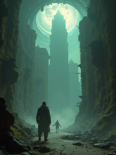 In a mysterious region of space-time turbulence, time and space are twisted and intertwined here, and scenes of different dimensions permeate each other. Ancient future buildings can be seen suspended in it, emitting mysterious light, and strange creatures shuttle through different time fragments.