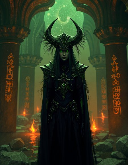 In a dimly lit, eerie cavern of obsidian, a shadow priestess with dark, smooth skin and piercing green eyes stands tall, her sleek, sharp armor etched with faintly pulsing runes like dying embers, as tendrils of living darkness flow from her ornate headdress, amidst ancient glyphs etched into the walls, casting an otherworldly glow, reminiscent of Guillermo del Toro's dark fantasy style, with bold contrasts, textured shading, and intricate details, shot in a cinematic, high-contrast style with warm, golden lighting and deep shadows, film grain, and subtle lens flares, with a muted color palette and subtle, surrealistic color grading. The painting is in the style of umesky<lora:ume_sky_v2.safetensors:0.8:0.8>