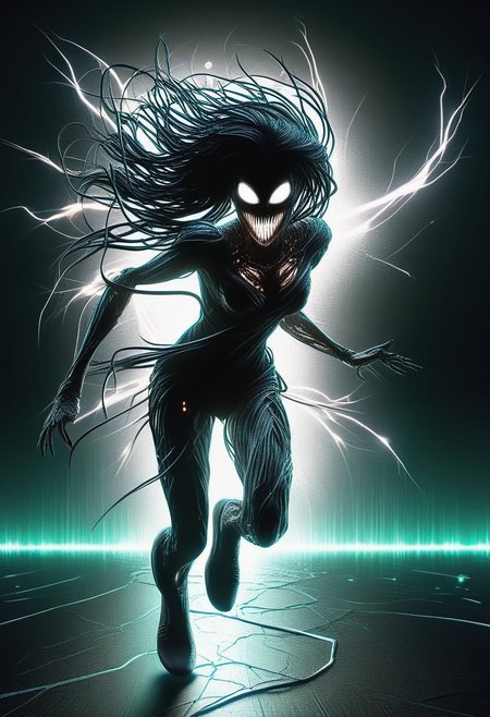 a girl running thowards the viewer, she's evil with glowing eyes, and open mouth, strong legs, partially dissolving, windy day, 
lightlora,made from light,light,light particles,glowing, DonM3v1lM4dn355XL