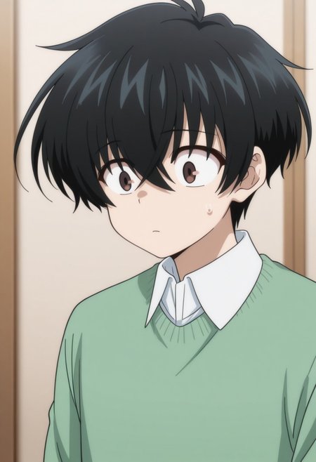 masterpiece,best quality,amazing quality, source_anime, 
KeitaroGentoga, 1boy, male focus, solo, brown eyes, black hair, shirt, white shirt, collared shirt, green sweater,