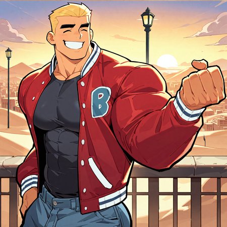 <lora:DASH:1.5>dash, solo, smile, short hair, shirt, blonde hair, long sleeves, 1boy, muscular, male, muscular, bara, standing, jacket, upper body, closed eyes, male focus, outdoors, open clothes, teeth, sky, pants, cloud, grin, open jacket, black shirt, ^_^, thick eyebrows, mature male, denim, building, meme, sunset, jeans, city, cityscape, lamppost, letterman jacket, scene reference, desert, hand up, red jacket, motion blur, film grain, abstract, natural lighting, fantasy, dynamic view, tilted angle, very awa, masterpiece, best quality, absurdres, newest, perfect quality, detailed background, (artist:fl \(l-fl\):0.7), (artist:tooboshoo:0.7), (artist:dizdoodz:0.8)