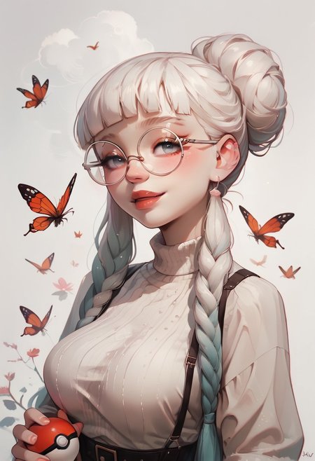 score_9, score_8_up, score_7_up, score_6_up, pastel, watercolor, 
White hair, blunt bangs, long braids,
cute, female, 1girl, pokemon girl, holding PokeBall, bug catcher net,
large breasts, white knitted cropped sweater, black bra straps, 
Smiling, round glasses,
