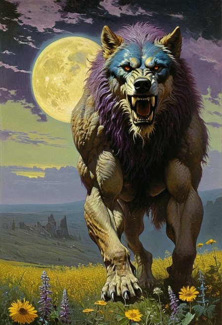 style of Ted Nasmith, score_9, score_8_up, score_8_up, ng_deepnegative_v1_75t, photo, realistic, 
Oil painting, by Jean-Franois Millet, by Gustave Courbet, by Jules Breton, traditional media, oil painting, famous artwork by (karl kopinski:1.2), fantasy style,
Amidst a field of wildflowers, the druid man with blue tribal tattoos, red hair, and a faux hawk calls upon his magic, transforming into a giant wolf, his fur shimmering with a mystical aura as he howls at the twin moons above,
realistic,
dark fantasy, masterpiece, highly detailed, ever quest, old school rpg,
<lora:add-detail-xl:2>,
, masterpiece, PYS-XL,