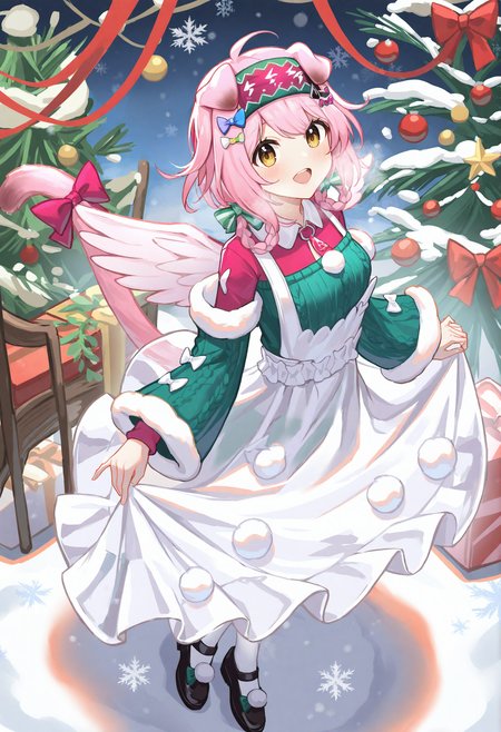 goldenglow \(arknights\), tail bow, animal ears, cat ears, tail ornament, tail, cat tail, pink hair, 1girl, bow, cat girl, solo, smile, shirt, braid, green sleeves, wreath, thighhighs, skirt, hairband, fur-trimmed sleeves, shoes, official alternate costume, white skirt, long sleeves, black footwear, floppy ears, looking at viewer, :d, red bow, open mouth, yellow eyes, fur trim, white thighhighs, wings, green shirt, green sweater, footwear bow, detached sleeves, red hairband, green bow, long hair, christmas tree, pom pom \(clothes\), apron, snow, christmas, christmas ornaments, snowflakes, full body, skirt hold, hair bow, long skirt, white apron, twin braids,
masterpiece,best quality,newest,absurdres,highres,very awa,<lora:alguang1_noob1.1-000178:0.8>,