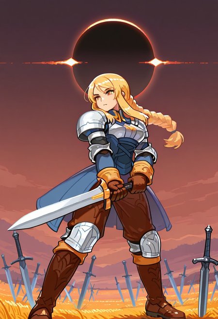 masterpiece, best quality,  Csp2Pixel, 1 girl, fftag, blonde hair, braided ponytail, sidelocks, long hair, brown eyes, large breasts,  armor, shoulder armor, blue dress, blue corset, elbow pads, long sleeves, brown pants, brown gloves, knee pads, brown boots, detailed background, sunrise stance, weapon, sword, holding weapon, holding, holding sword, field of blades, eclipse,