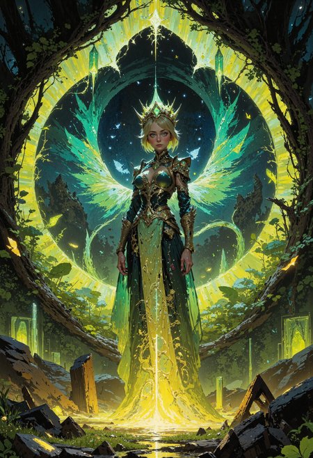 masterpiece, high-quality, A mystical elven queen stands beneath a luminous archway of crystalline vines, captured from a tilted side view that highlights the dynamic interplay of light and shadow across her shimmering emerald and gold gown. Her short, golden hair is crowned with radiant ornaments resembling falling stars, and her serene expression radiates quiet power. Around her, glowing moths drift lazily through the misty air, their wings leaving faint trails of light that ripple through the hyperdetailed reflections on the crystalline ground. Behind her, an endless meadow of bioluminescent flowers stretches toward a surreal twilight horizon where two massive, glowing moons hover in perfect stillness., <lora:FLUX\FLUX-daubrez-DB4RZ:0.3> <lora:FLUX\ArcaneFGTNR:0.5> <lora:FLUX\VividlySurrealApex:0.6> <lora:FLUX\DarksunRiddV4:0.6> <lora:FLUX\Anime v1.3:0.5>