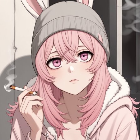 pippa, pink hair, pink eyes, rabbit ears, grey beanie, ((bags under eyes, sad, smoking a cigarette,)) sitting, 
 <lora:PIPPA-XL-t9-000001:0.6>