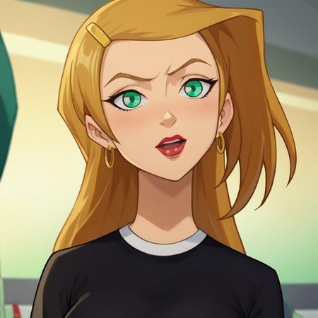 score_9, score_8_up, score_7_up, 1girl, Sarah, green eyes, blonde hair, long hair, hairclip, earrings, lipstick, medium breasts, narrow waist, wide hips, looking at viewer,  highres, high quality, masterpiece, <lora:Sarah_Laurence:1>