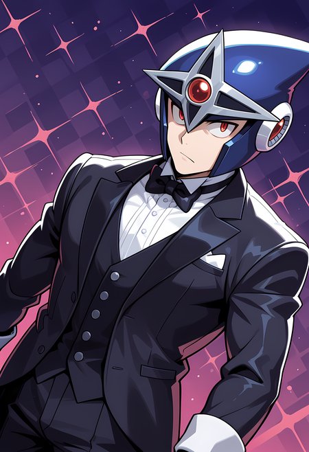 masterpiece, best quality, amazing quality, dutch angle, abstract background, BREAK
1boy, solo, male focus, mm3_shadow, helmet, red eyes, black tuxedo, formal wear, bow tie, BREAK
<lora:cfg_scale_boost:.6> <lora:Shadow_Man_-_Mega_Man_3_-_ILXL:1>
