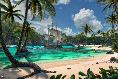 (masterpiece:1.2), (best quality,:1.2), 8k, HDR, ultra detailed, ((photorealistic)), perfect anatomy, professional light, cinematic lighting, fashion photography, ambient lighting,<lora:detail_slider_v4:3>, pire, <lora:PirateRealms-10:1>, a tropical beach in the caribbean, epiCPhoto